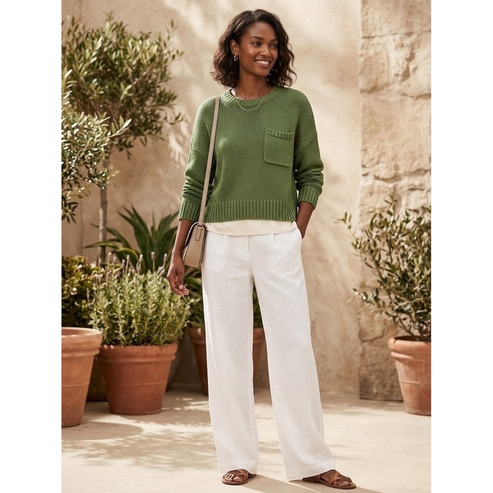 Banana Republic Boxy Crew Neck Sweater Shady Palm Green Linen Cotton S 445714-00